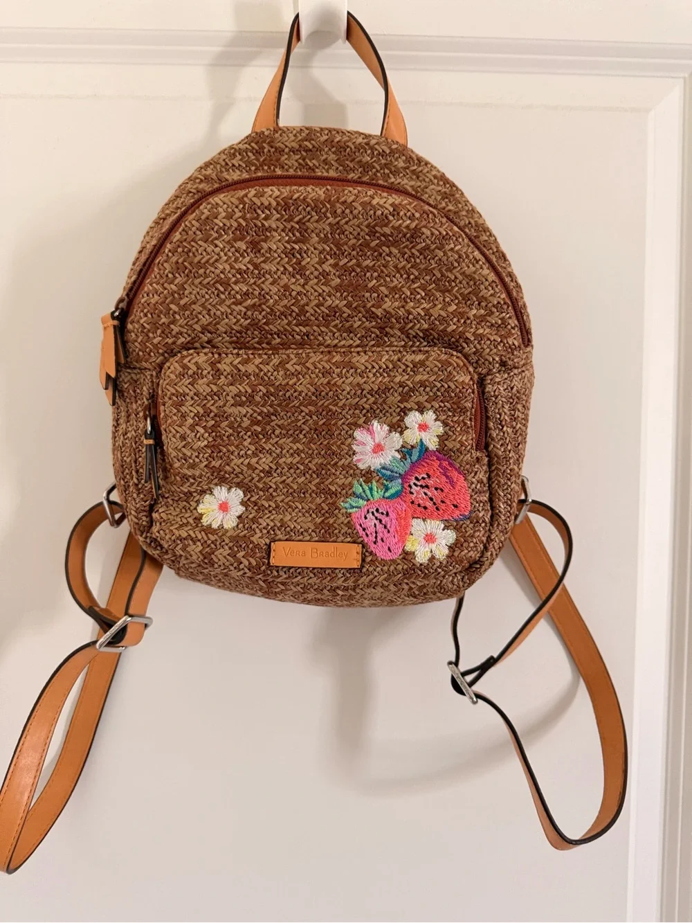 Vera Bradley Brown Straw Mini Backpack with Pink Strawberry Embroidery